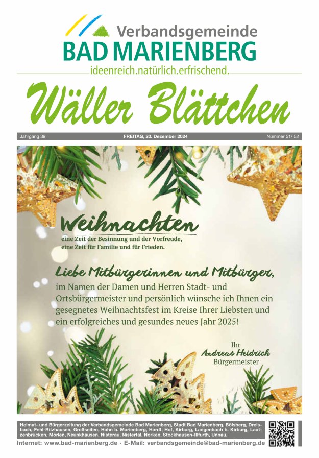 Wäller Blättchen - Verbandsgemeinde Bad Marienberg Titelblatt 51/2024