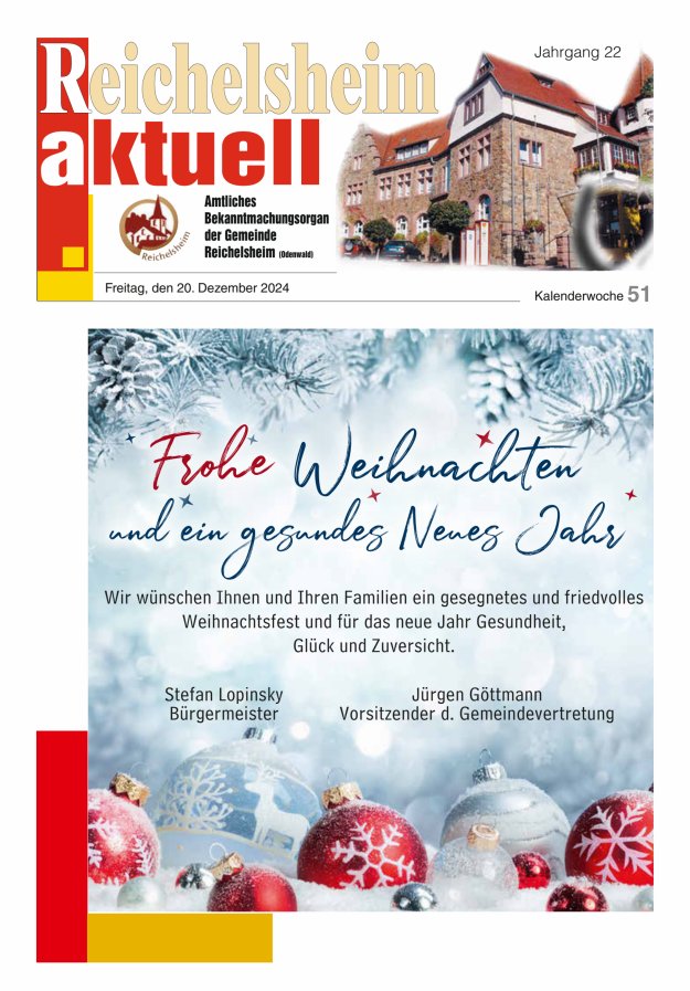 Reichelsheim aktuell - Amtsblatt der Gemeinde Reichelsheim(Odenwald) Titelblatt 51/2024
