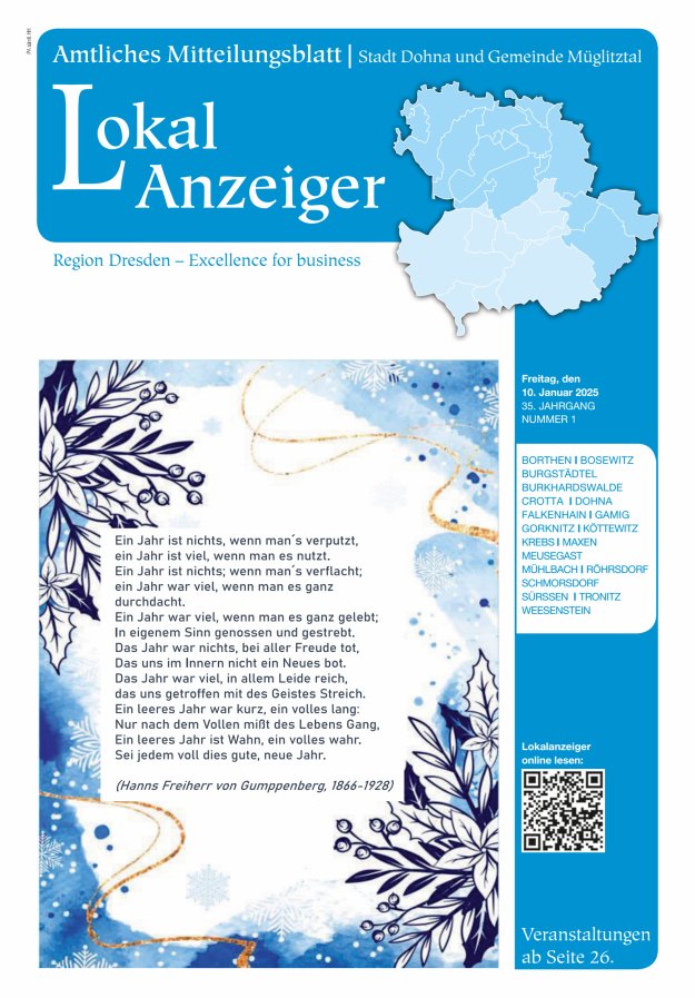 Lokal-Anzeiger – Amtliches Mitteilungsblatt Stadt Dohna und Gemeinde Müglitztal Titelblatt 01/2025