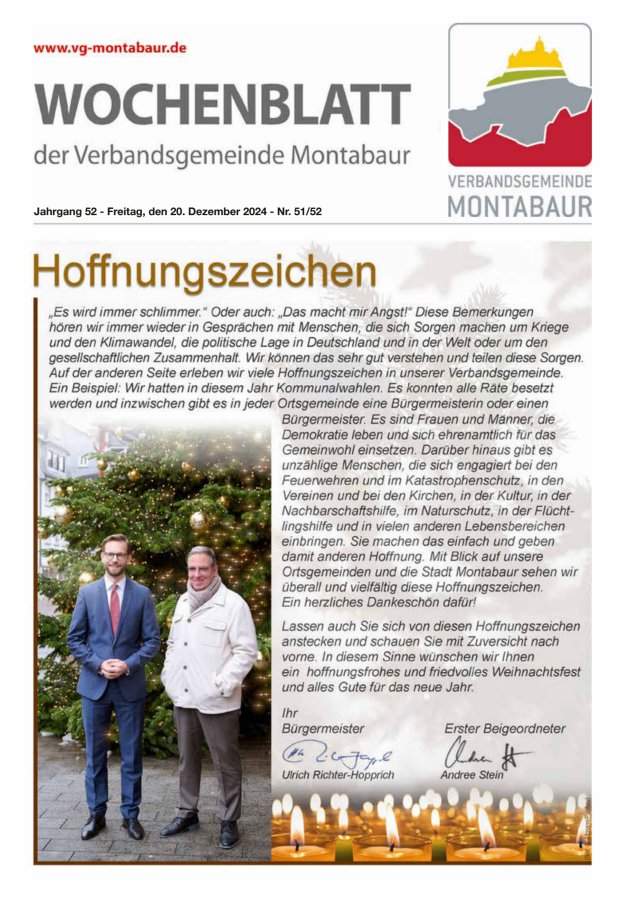 Wochenblatt der Verbandsgemeinde Montabaur Titelblatt 51/2024