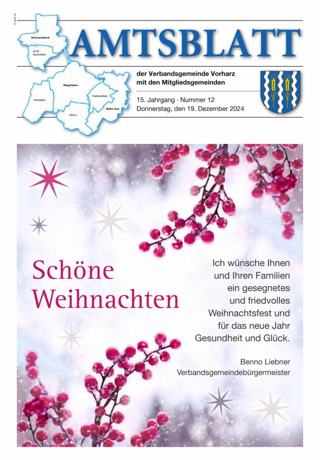 Amtblatt der Verbandsgemeinde Vorharz mit den Mitgliedsgemeinden Titelblatt 12/2024