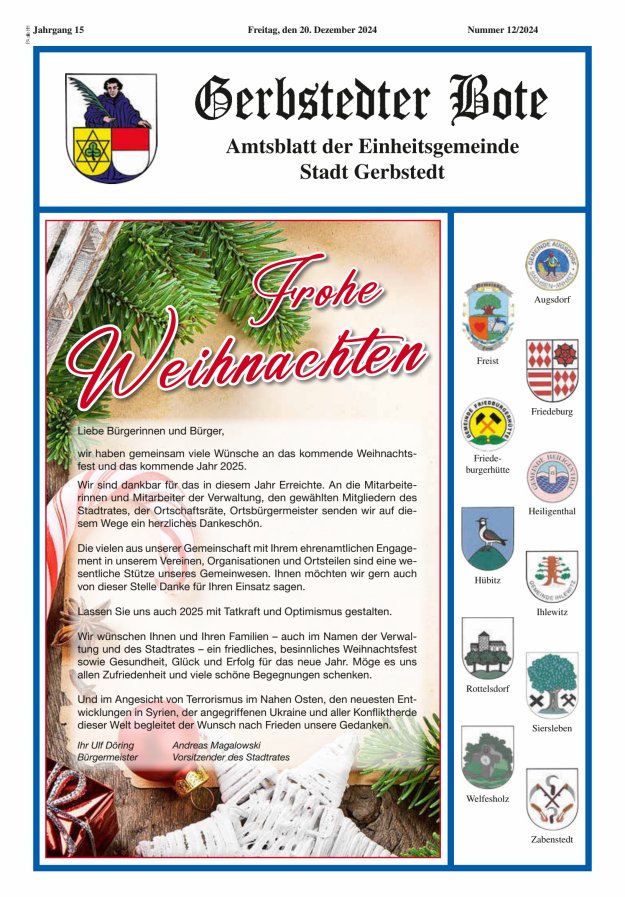 Gerbstedter Bote – Amtsblatt der Einheitsgemeinde Stadt Gerbstedt Titelblatt 12/2024
