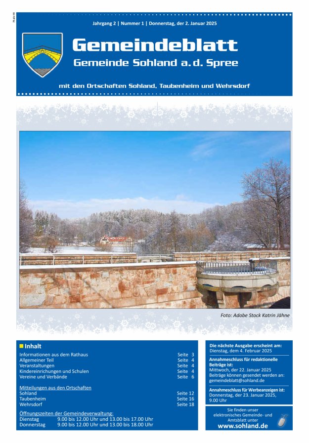 Amtsblatt der Gemeinde Sohland a. d. Spree mit den Ortschaften Sohland, Taubenheim und Wehrsdorf Titelblatt 01/2025