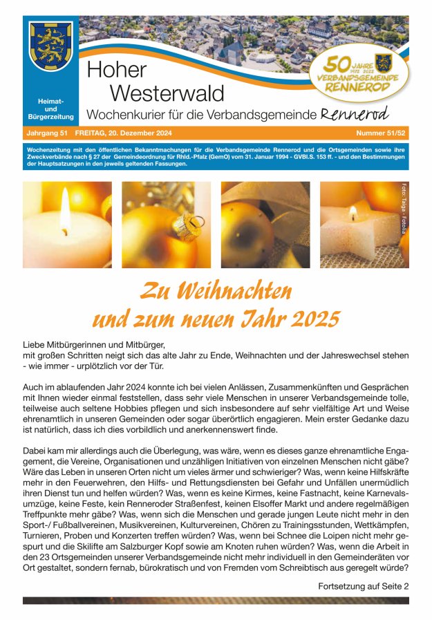 Hoher Westerwald - Wochenkurier für die Verbandsgemeinde Rennerod Titelblatt 51/2024