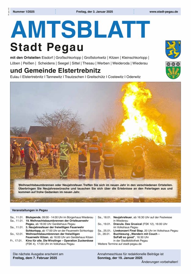 Amtsblatt Stadt Pegau und Gemeinde Elstertrebnitz  Titelblatt 01/2025