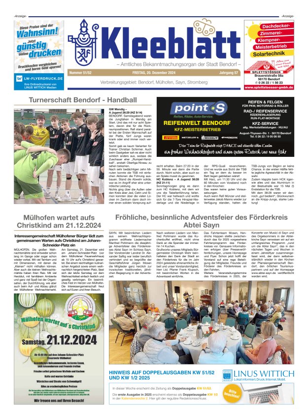 Kleeblatt - Amtliches Bekanntmachungsorgan der Stadt Bendorf Titelblatt 51/2024