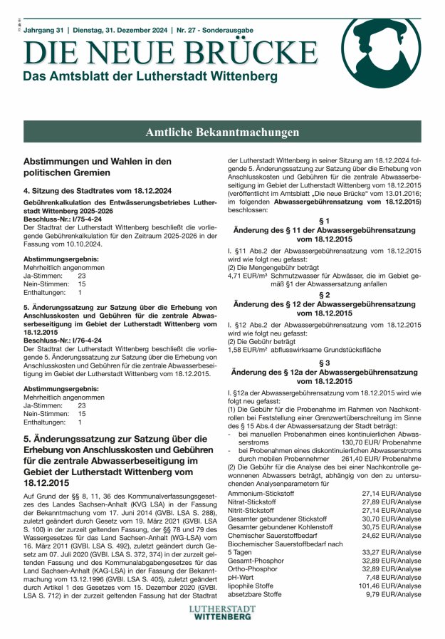 Die neue Brücke – Das Amtsblatt der Lutherstadt Wittenberg Titelblatt 27/2025
