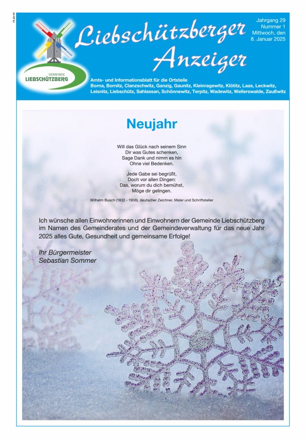 Liebschützberger Anzeiger - Amts- und Informationsblatt Titelblatt 01/2025