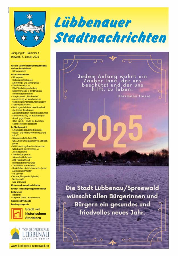 Lübbenauer Stadtnachrichten – Amtsblatt für die Stadt Lübbenau/Spreewald Titelblatt 01/2025