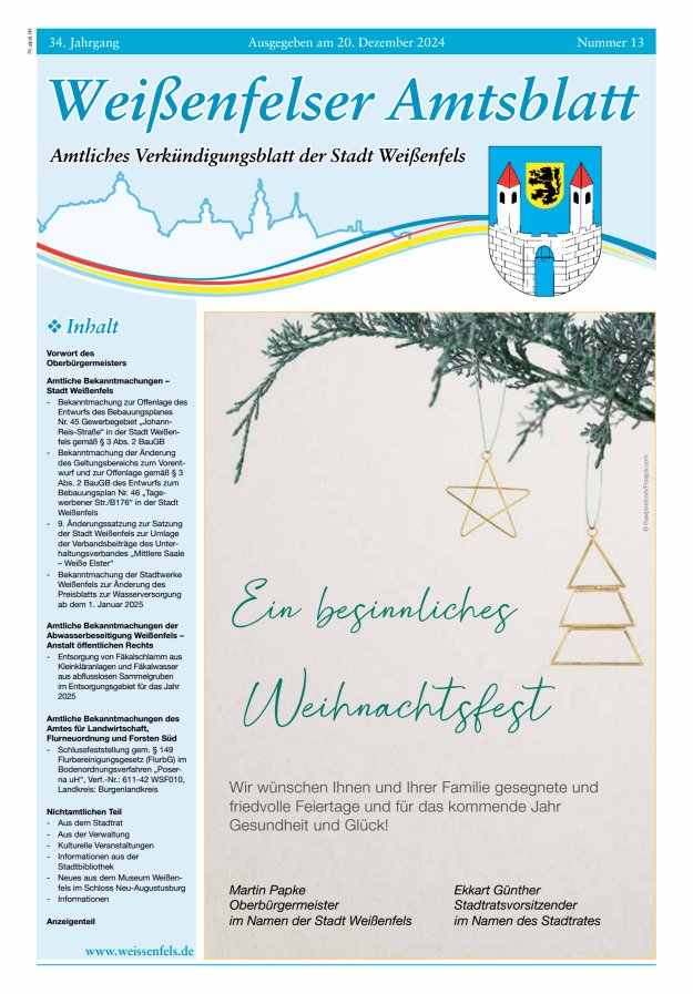 Weißenfelser Amtsblatt – Amtliches Verkündungsblatt der Stadt Weißenfels Titelblatt 13/2024