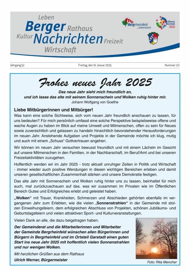 Berger Nachrichten, Bergrheinfeld Titelblatt 01/2025