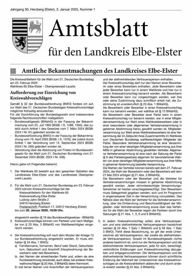 Amtsblatt für den Landkreis Elbe-Elster Titelblatt 01/2025