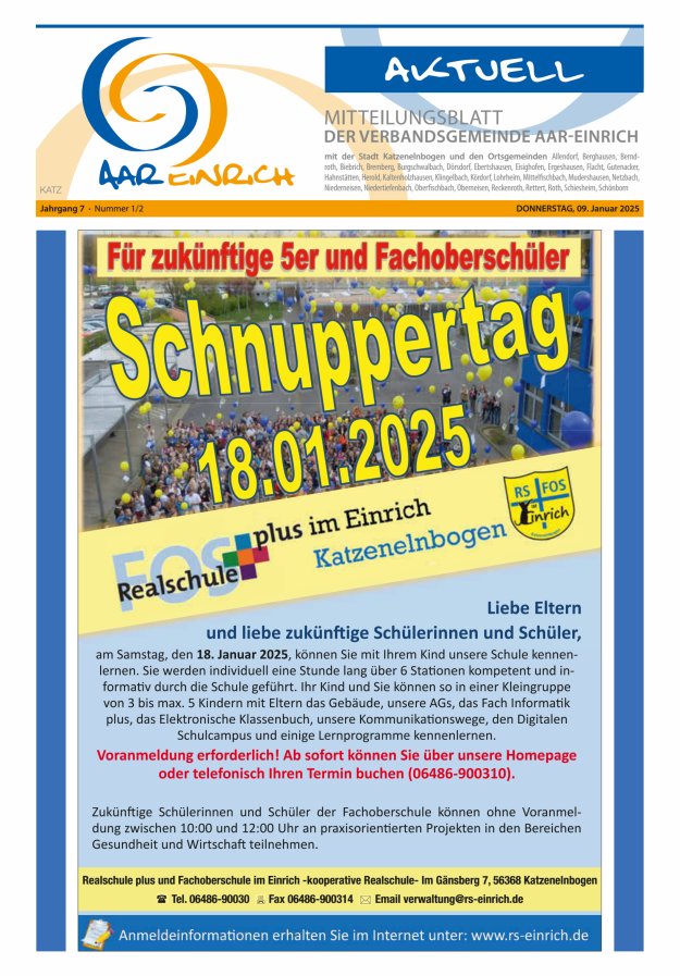 Mitteilungsblatt der Verbandsgemeinde Aar-Einrich Ausgabe Katzenelnbogen Titelblatt 01/2025