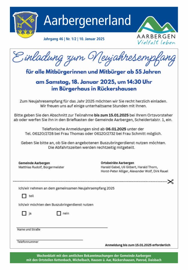 Aarbergenerland - Wochenblatt mit den amtlichen Bekanntmachungen Titelblatt 01/2025