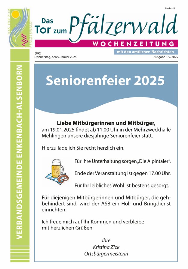 Das Tor zum Pfälzer Wald - VG Enkenbach-Alsenborn Titelblatt 01/2025