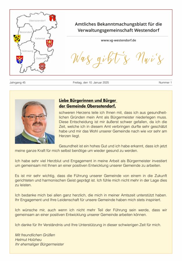 Was gibt's Nui's Amtliches Bekanntmachungsblatt für die VG Westendorf Titelblatt 01/2025