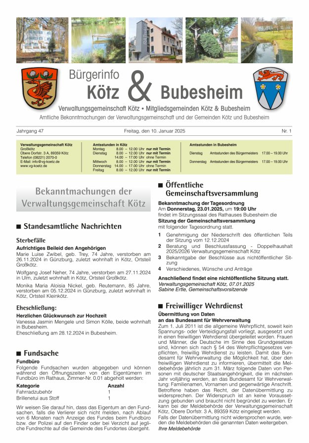 Amtsblatt der VG Kötz und der Mitgliedsgemeinden Titelblatt 01/2025