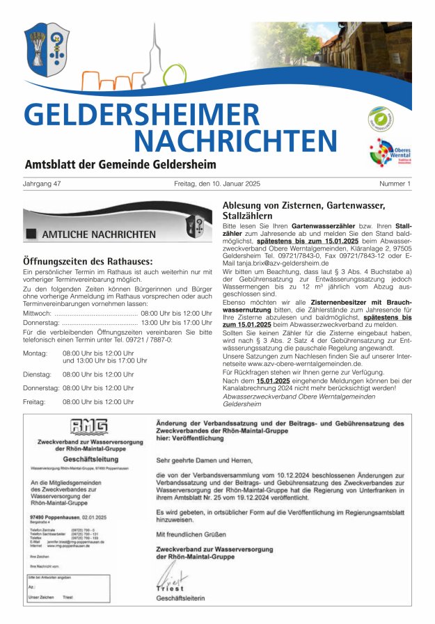Geldersheimer Nachrichten Amtsblatt der Gemeinde Geldersheim Titelblatt 01/2025