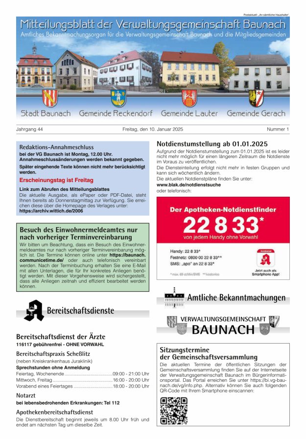 Mitteilungsblatt Verwaltungsgemeinschaft Baunach Titelblatt 01/2025