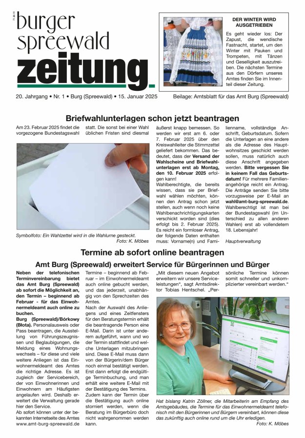 Burger Spreewald Zeitung - Amtsblatt für das Amt Burg (Spreewald) Titelblatt 01/2025