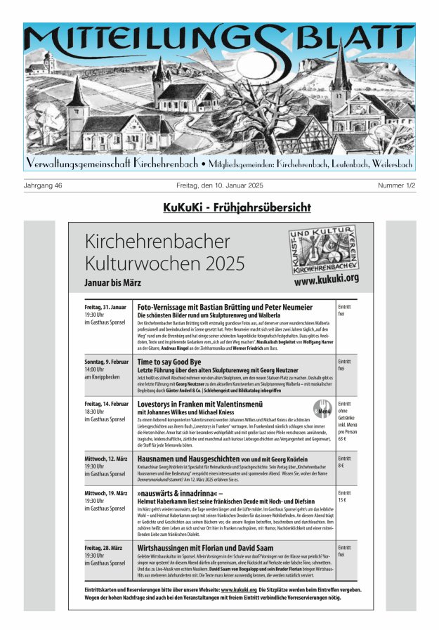 Mitteilungsblatt Verwaltungsgemeinschaft Kirchehrenbach Titelblatt 01/2025