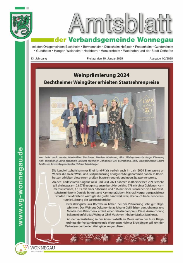 Amtsblatt VG Wonnegau Titelblatt 01/2025