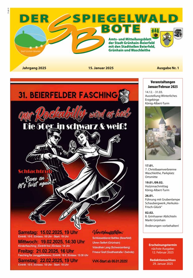 Der Spiegelwaldbote - Amts- und Mitteilungsblatt der Gemeinde Grünhain-Beierfeld  Titelblatt 01/2025
