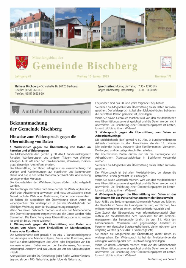 Mitteilungsblatt der Gemeinde Bischberg Titelblatt 01/2025