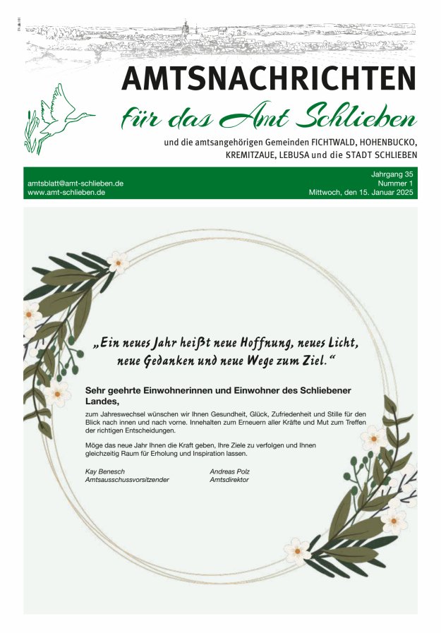 Amtsnachrichten – Amtsblatt für das Amt Schlieben und die amtsangehörigen Gemeinden Titelblatt 01/2025