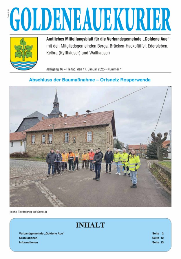 Goldene Aue Kurier – Amtliches Mitteilungsblatt für die Verbandsgemeinde "Goldene Aue" Titelblatt 01/2025