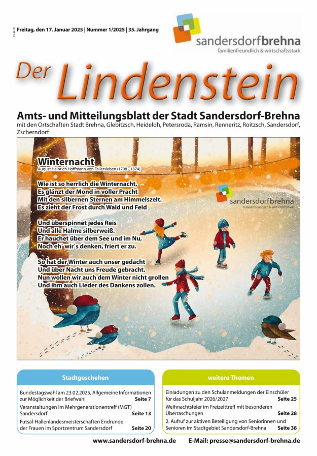 Der Lindenstein Amts- und Mitteilungsblatt der Stadt Sandersdorf-Brehna Titelblatt 01/2025