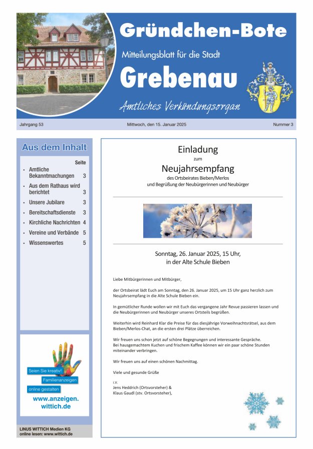 Grebenau - Gründchen Bote - Mitteilungsblatt für die Stadt Grebenau Titelblatt 03/2025