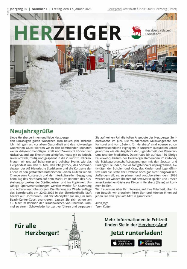 Amtsblatt für die Stadt Herzberg (Elster) mit Bekanntmachungen der Stadt  Titelblatt 01/2025
