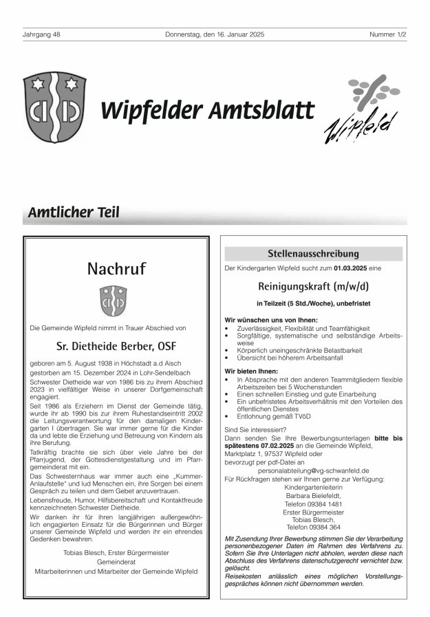 Wipfelder Amtsblatt Titelblatt 01/2025