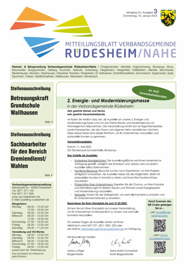 Mitteilungsblatt Verbandsgemeinde Rüdesheim und zugehörige Ortsgemeinden Titelblatt 03/2025