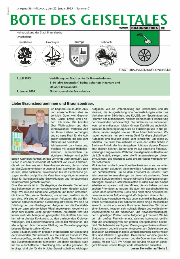 Bote des Geiseltales - Heimatzeitung der Stadt Braunsbedra Titelblatt 01/2025