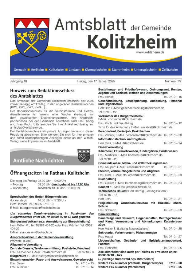 Amtsblatt der Gemeinde Kolitzheim Titelblatt 01/2025