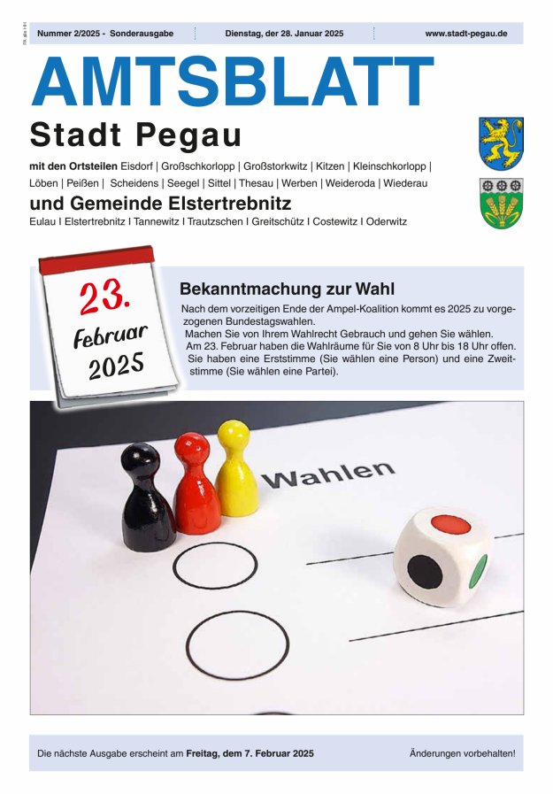 Amtsblatt Stadt Pegau und Gemeinde Elstertrebnitz  Titelblatt 02/2025