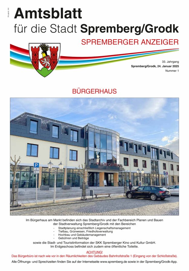 Amtsblatt für die Stadt Spremberg/Grodk – Spremberger Anzeiger Titelblatt 01/2025