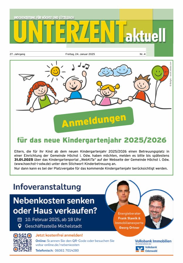 Unterzent aktuell Wochenzeitung für Höchst und Lützelbach Titelblatt 04/2025