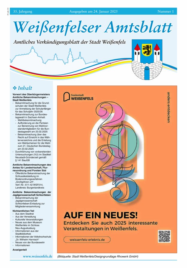 Weißenfelser Amtsblatt – Amtliches Verkündungsblatt der Stadt Weißenfels Titelblatt 01/2025