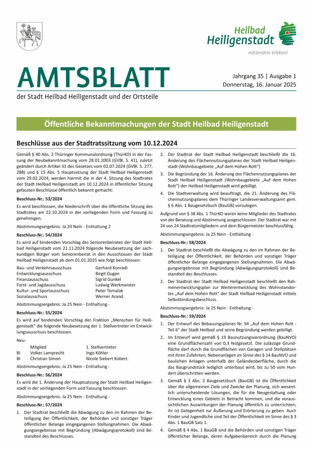 Amtsblatt der Stadt Heiligenstadt Titelblatt 01/2025