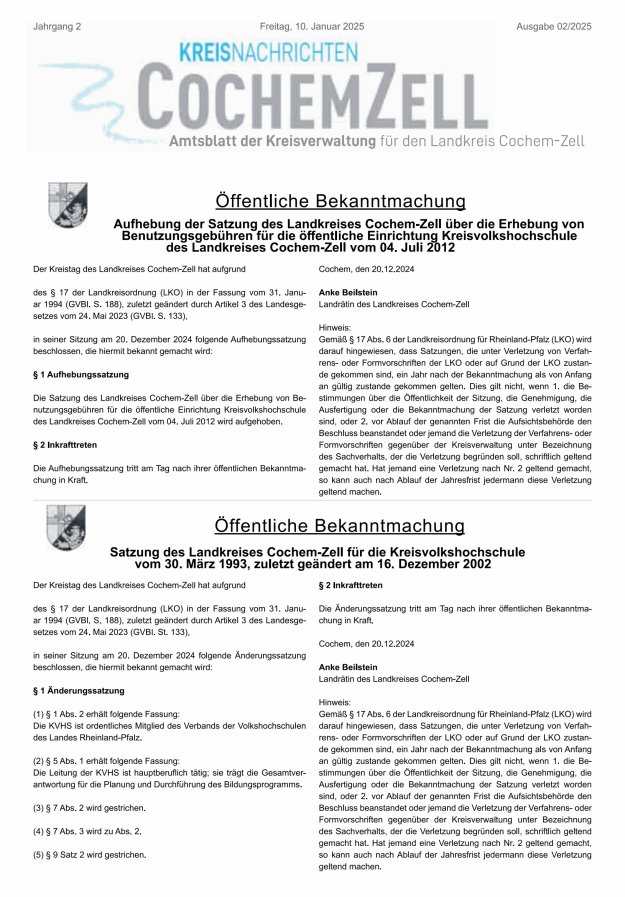 Kreisnachrichten Cochem-Zell Titelblatt 02/2025