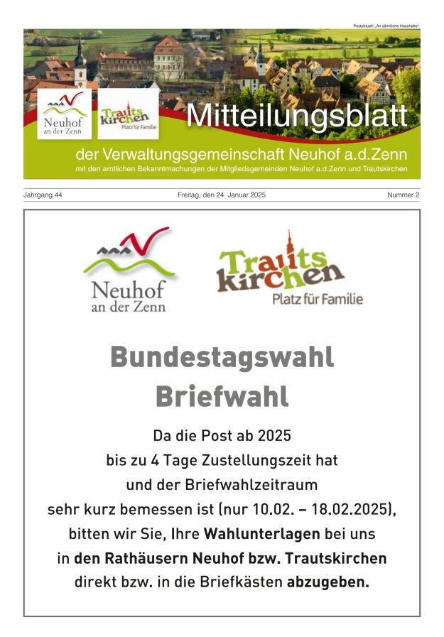 Mitteilungsblatt der Verwaltungsgemeinschaft Neuhof an der Zenn mit den amtlichen Bekanntmachungen der Mitgliedsgemeinden Neuhof an der Zenn und Trautskirchen Titelblatt 02/2025