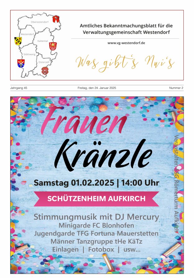 Was gibt's Nui's Amtliches Bekanntmachungsblatt für die VG Westendorf Titelblatt 02/2025