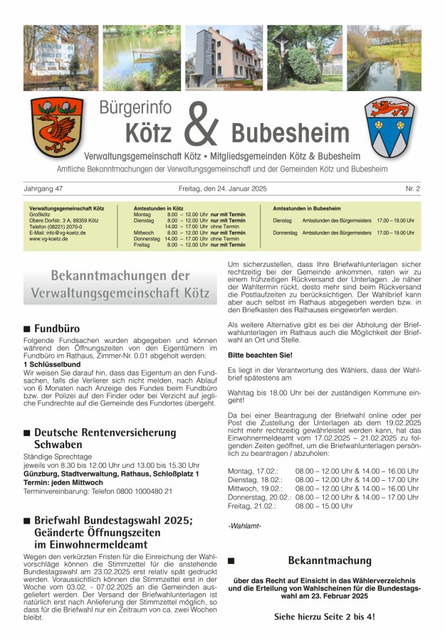 Amtsblatt der VG Kötz und der Mitgliedsgemeinden Titelblatt 02/2025