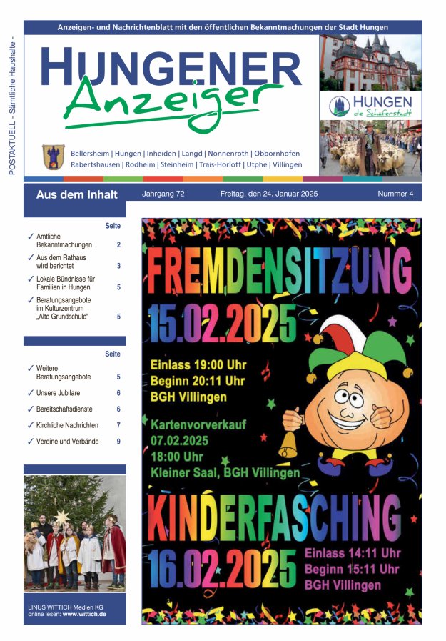 Anzeigen- und Nachrichtenblatt mit den öff  Bekanntmachungen der Stadt Hungen Titelblatt 04/2025