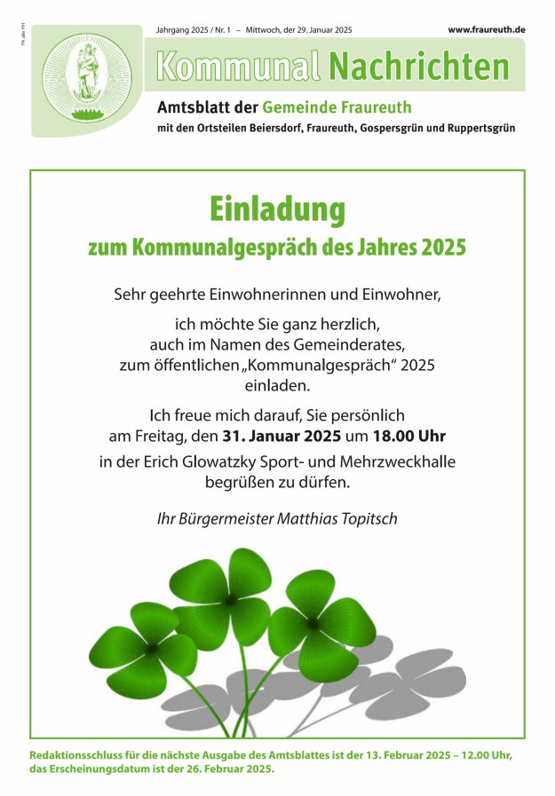 Kommunal-Nachrichten der Gemeinde Fraureuth Titelblatt 01/2025
