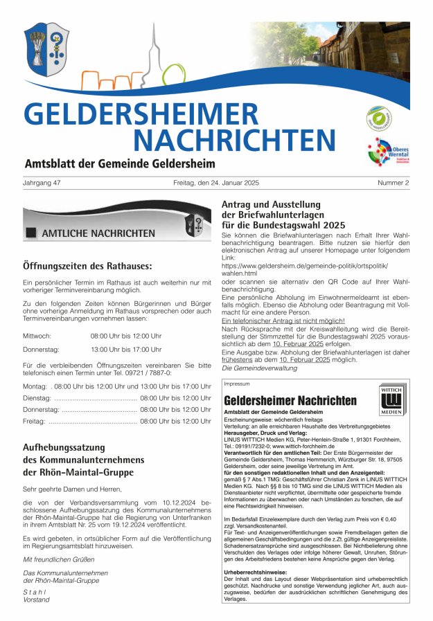 Geldersheimer Nachrichten Amtsblatt der Gemeinde Geldersheim Titelblatt 02/2025