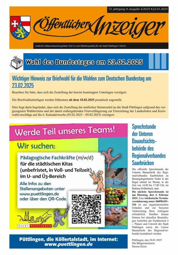 Öffentlicher Anzeiger - Stadt Püttlingen Titelblatt 04/2025